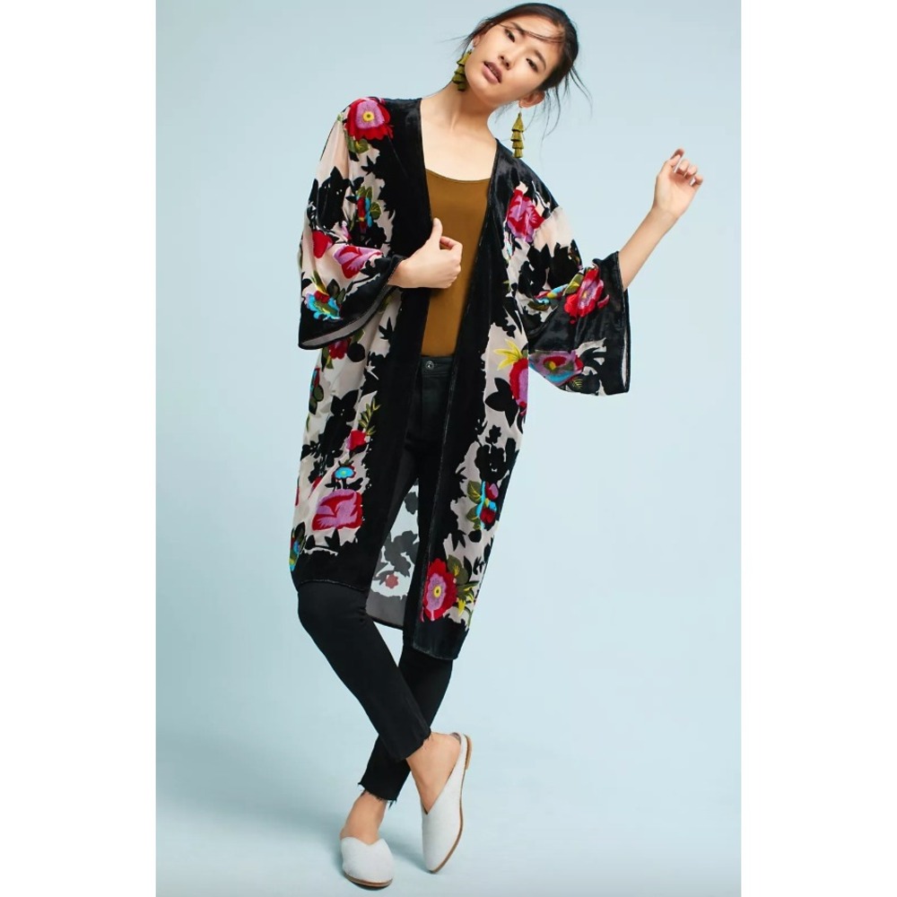Anthropologie Peyton Kimono Floral Cardigan OS Black Excellent Velvet